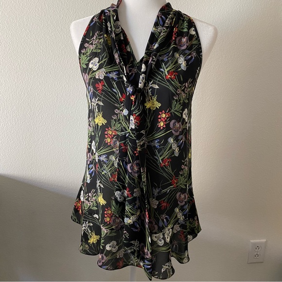 Max Studio Floral Tropical Tie Front Sleeveless Ruffle Blouse - Picture 2 of 15